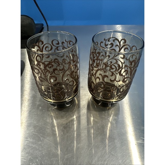 VTG Libbey Prado Tawny Brown Tumblers With Raised Scroll Design‎ SET OF 2 EUC - Picture 1 of 4
